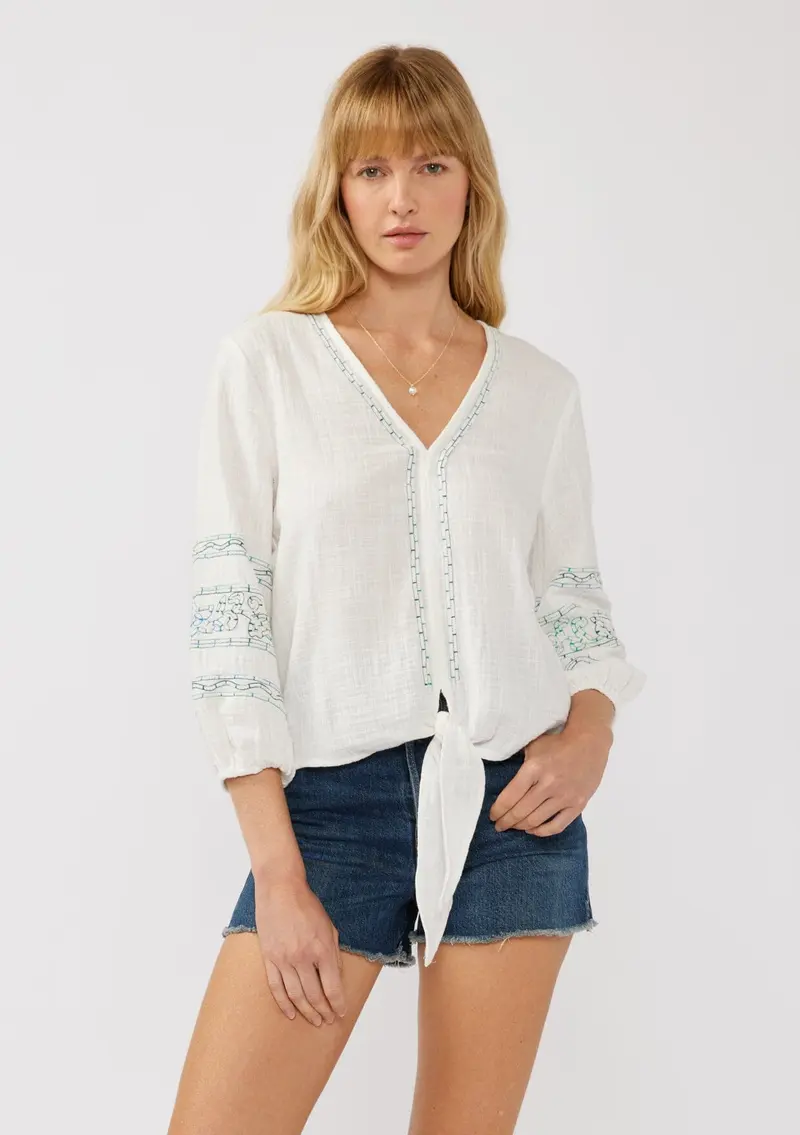 Katya Embroidered Tie Front Top
