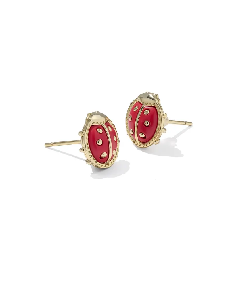 Ladybug Gold Stud Earrings in Red Vermillion