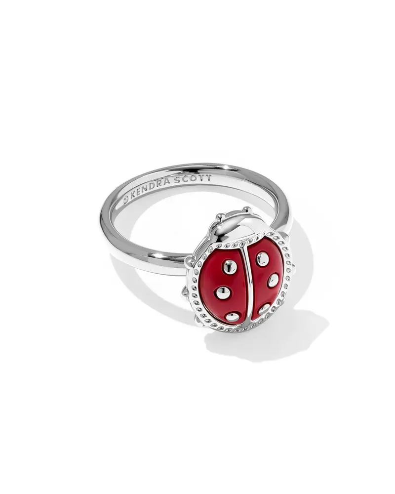 Ladybug Silver Band Ring in Red Vermillion