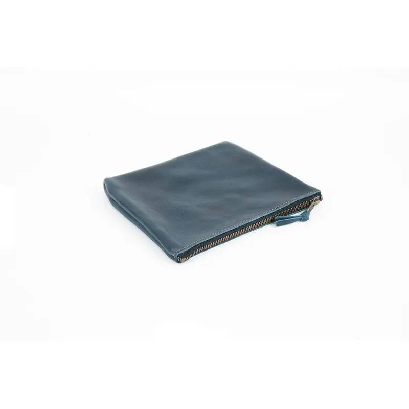 LEATHER TOP ZIPPER POUCH - INDIGO BISON