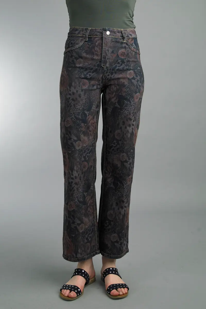 Leopard Rose Printed Wider Leg Reversible Jeans