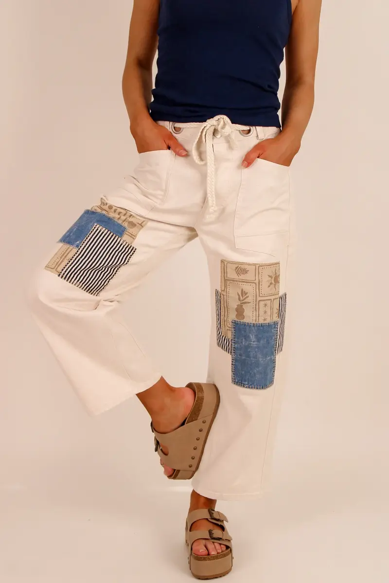 Mineral Washed Patchwork Wide-Leg Pants
