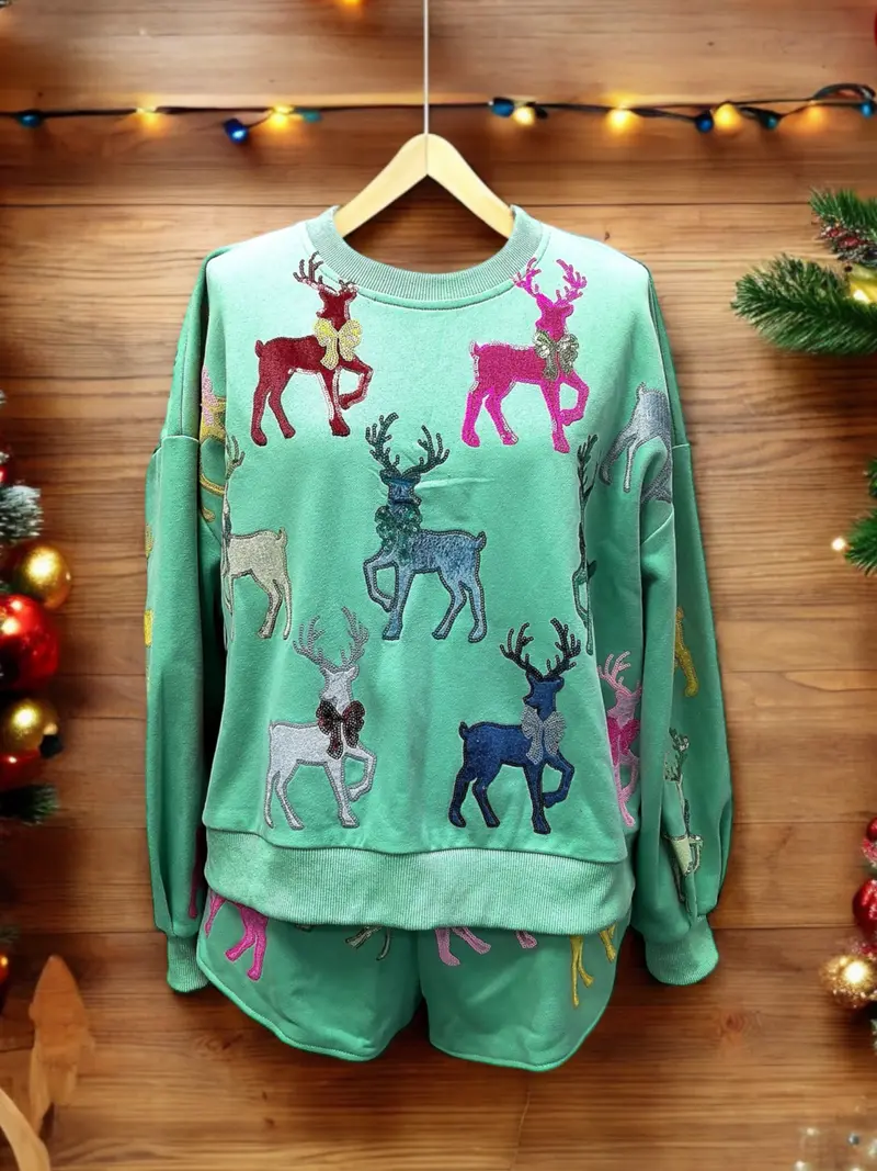 Mint Green Sweatshirt With Velvet Reindeers & Bows
