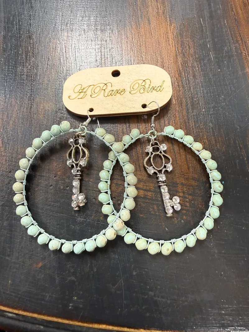 Mint Wood Bead Hoop with Key Dangle - PREORDER