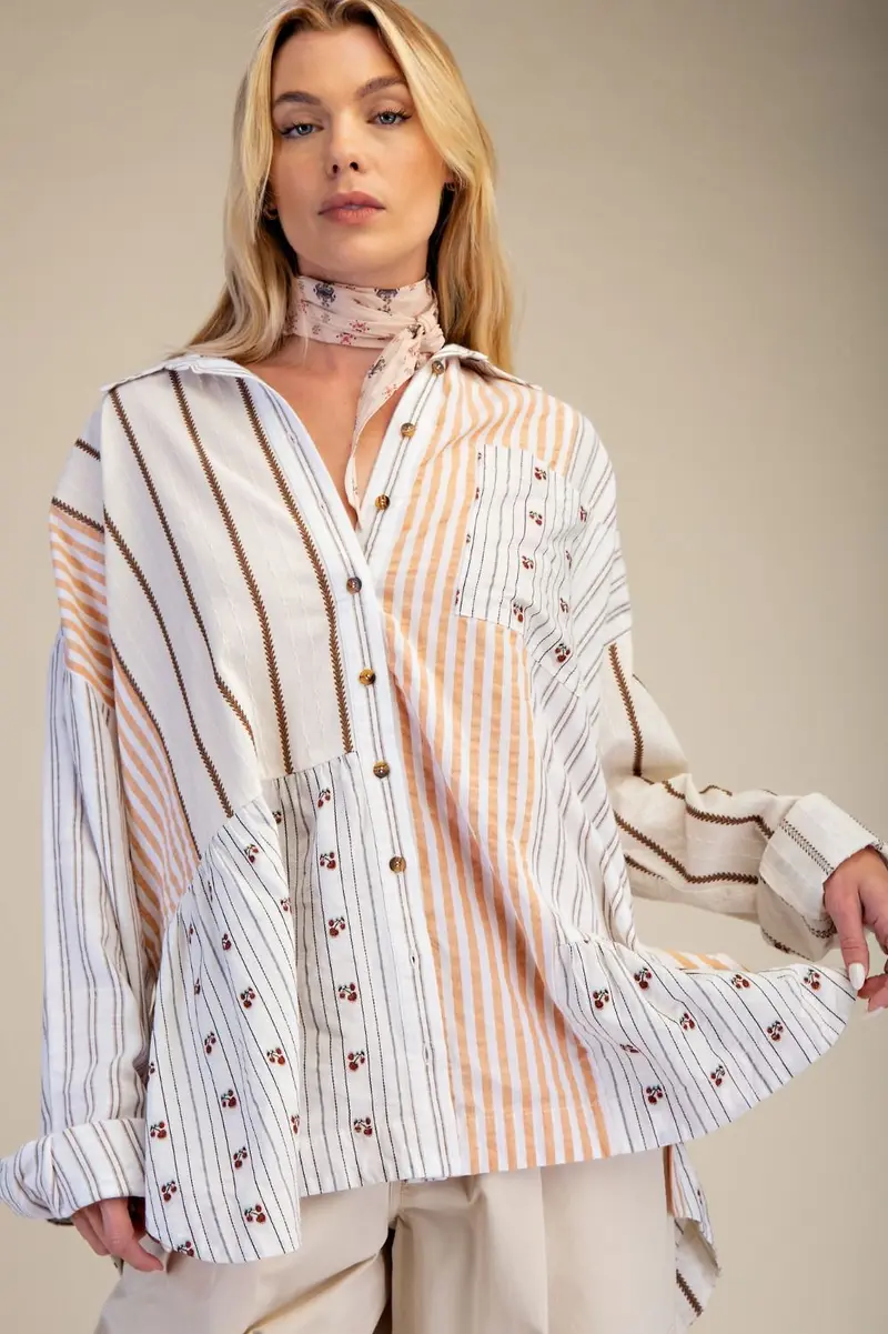 Mixed Stripe Button Down Shirt - Khaki PREORDER