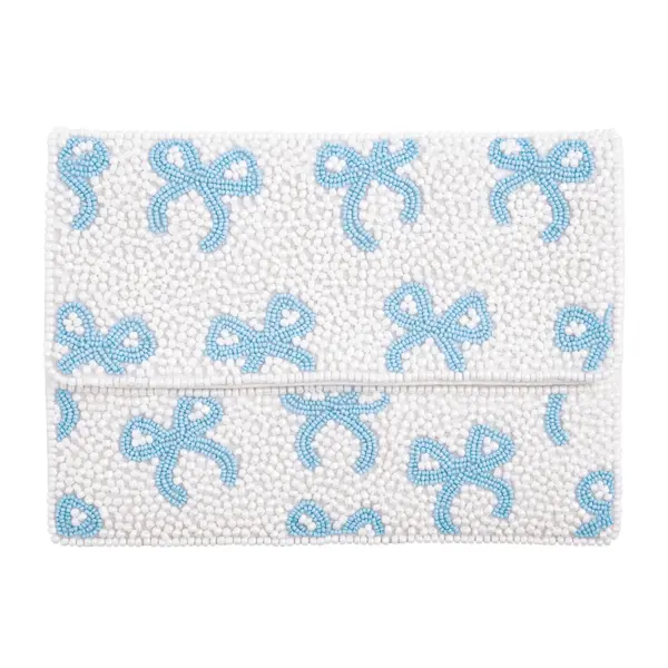 Mud Pie Bow Blue and White Beaded Clutch