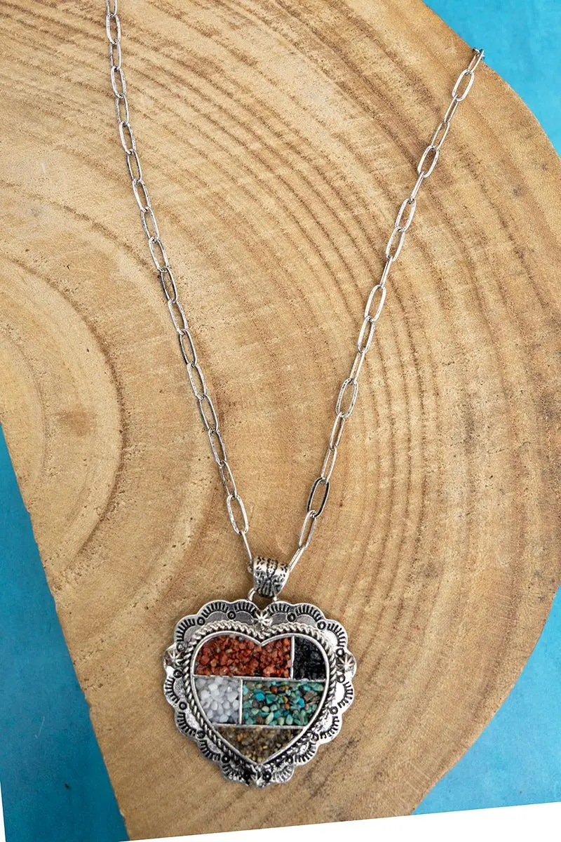 Multi-Color Mosaic Ridge Heart Silvertone Necklace