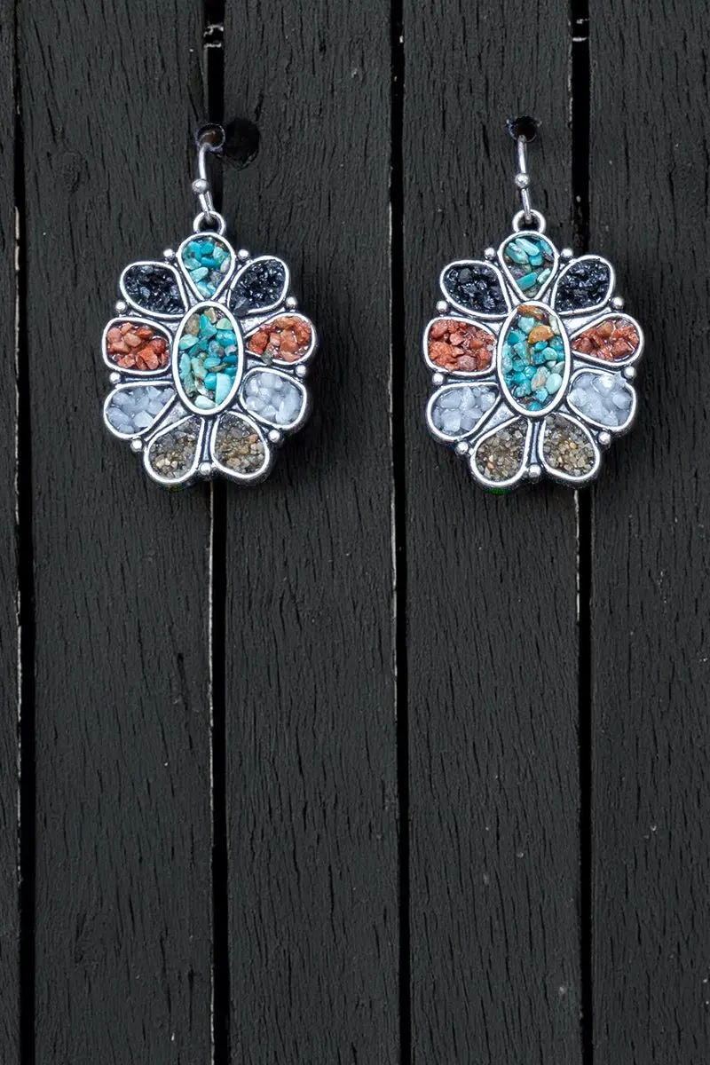 Multi-Color Mosaic Ridge Sun Silvertone Earrings