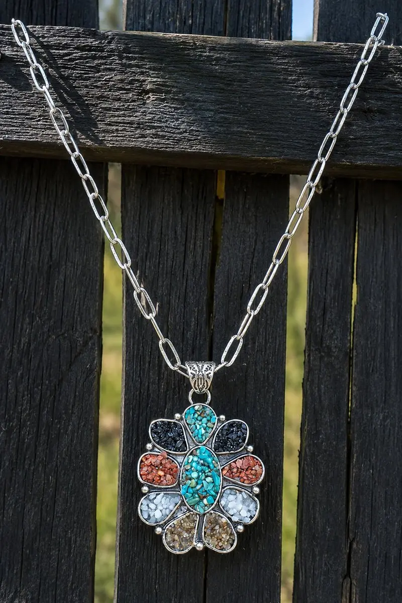 Multi-Color Mosaic Ridge Sun Silvertone Necklace