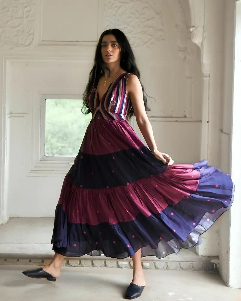Multicolor Embroidered Tiered Dress