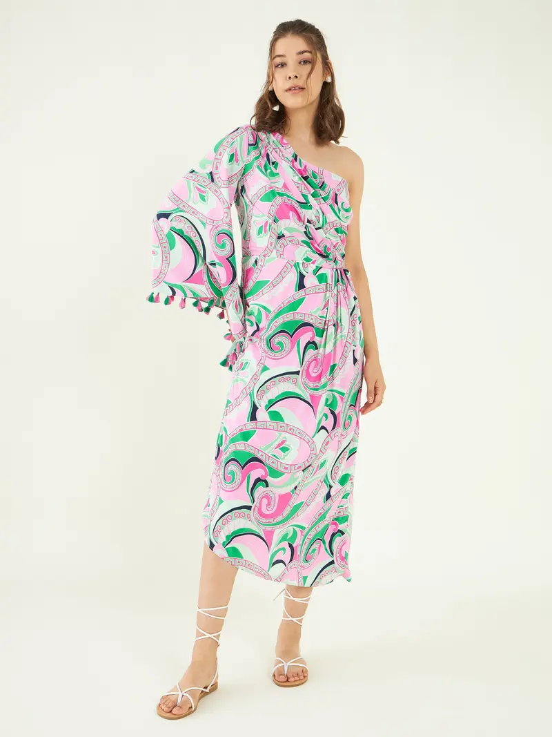 Multicolor Rayon One Shoulder Dress