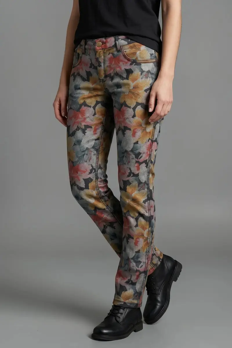 Muted-Tone Lily Print / Black Reversible Jeans