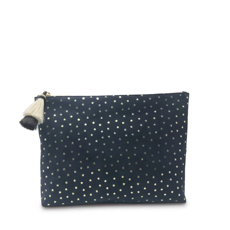 Navy Suede Gold Foil Stars Medium Pouch
