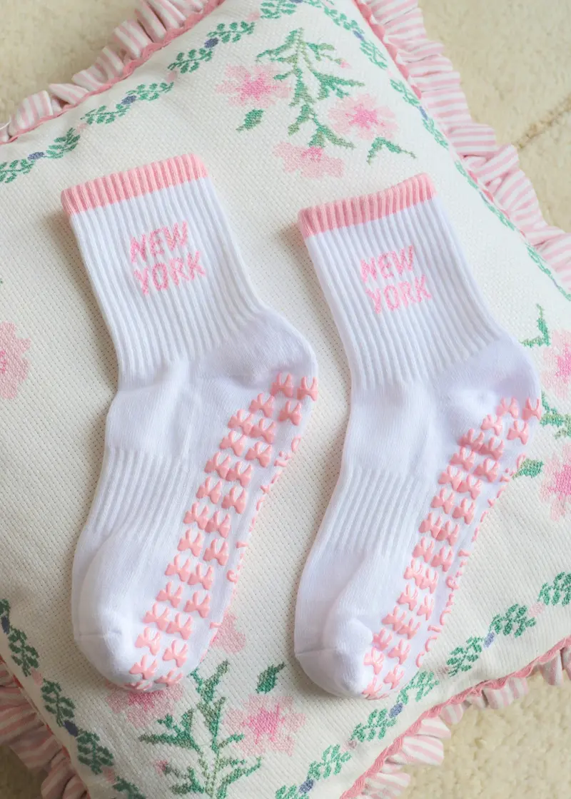 New York Pink Bow Grip Socks