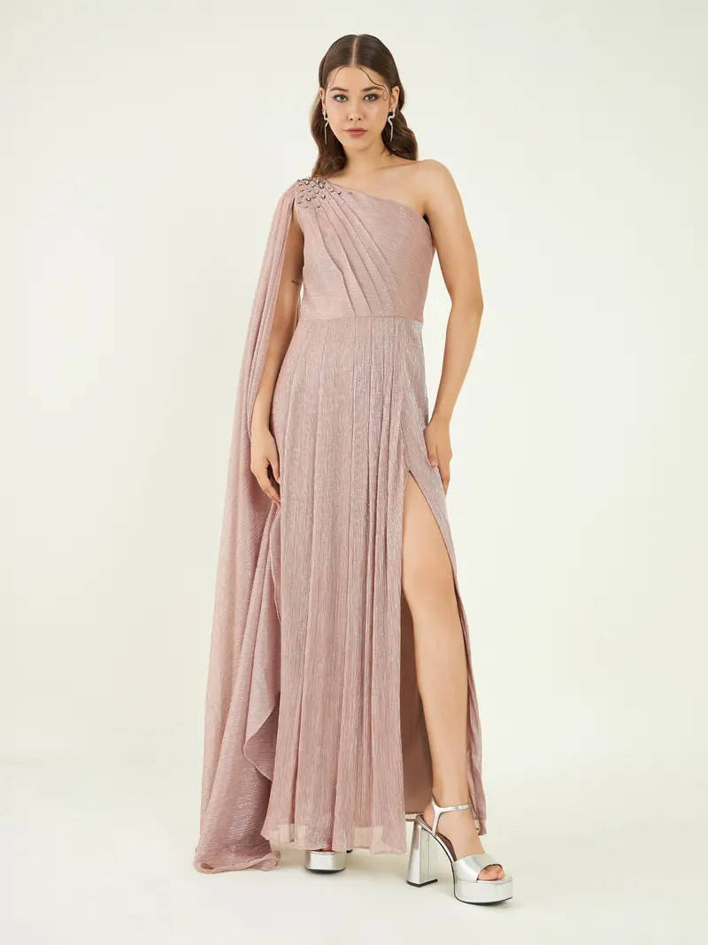 Nude One Shoulder Slit Dress