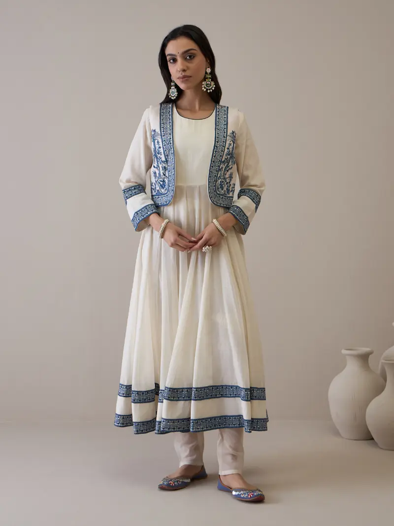 Off White Chanderi Kurta Set with Jacket
