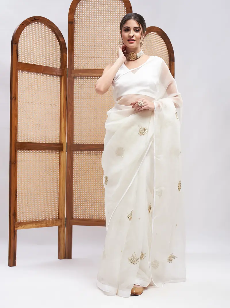 Off White Pure Silk Organza Saree Set