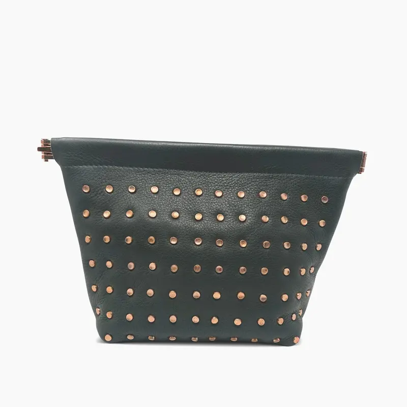 Olive  Brass Stud Make Up Bag