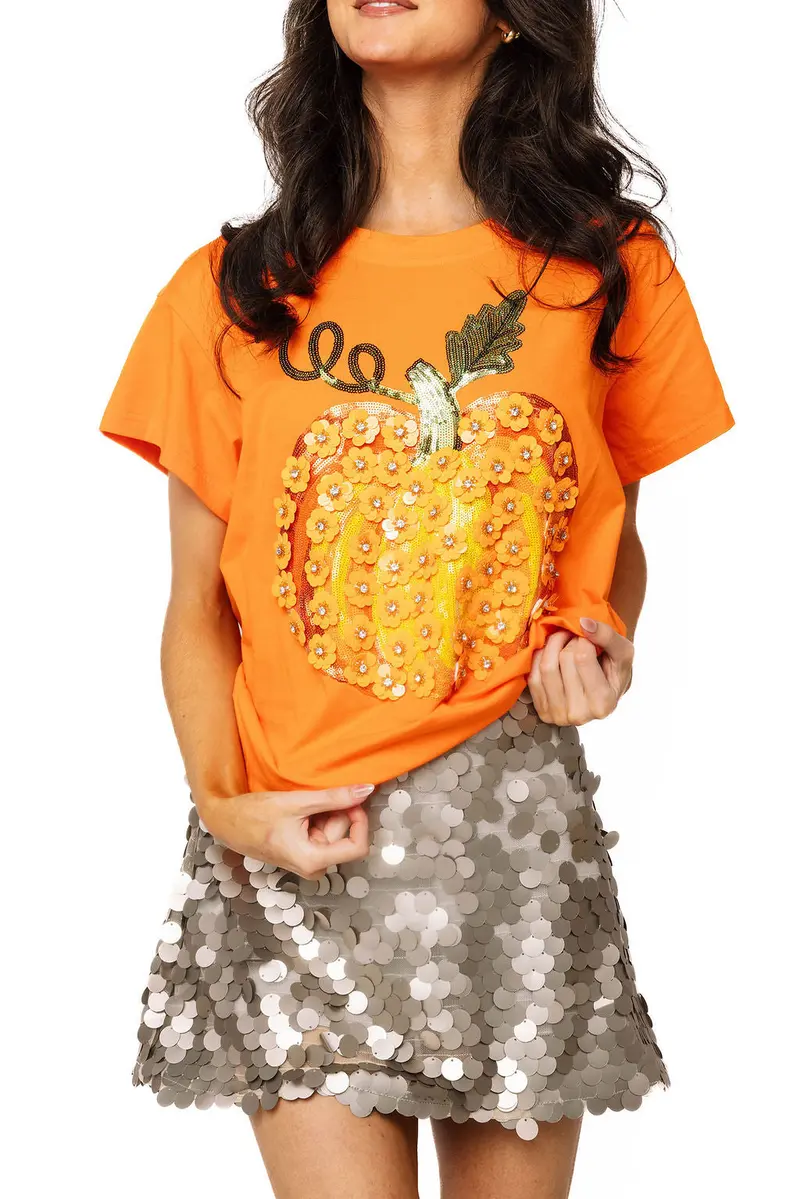 Orange Sequin Flower Pumpkin Tee