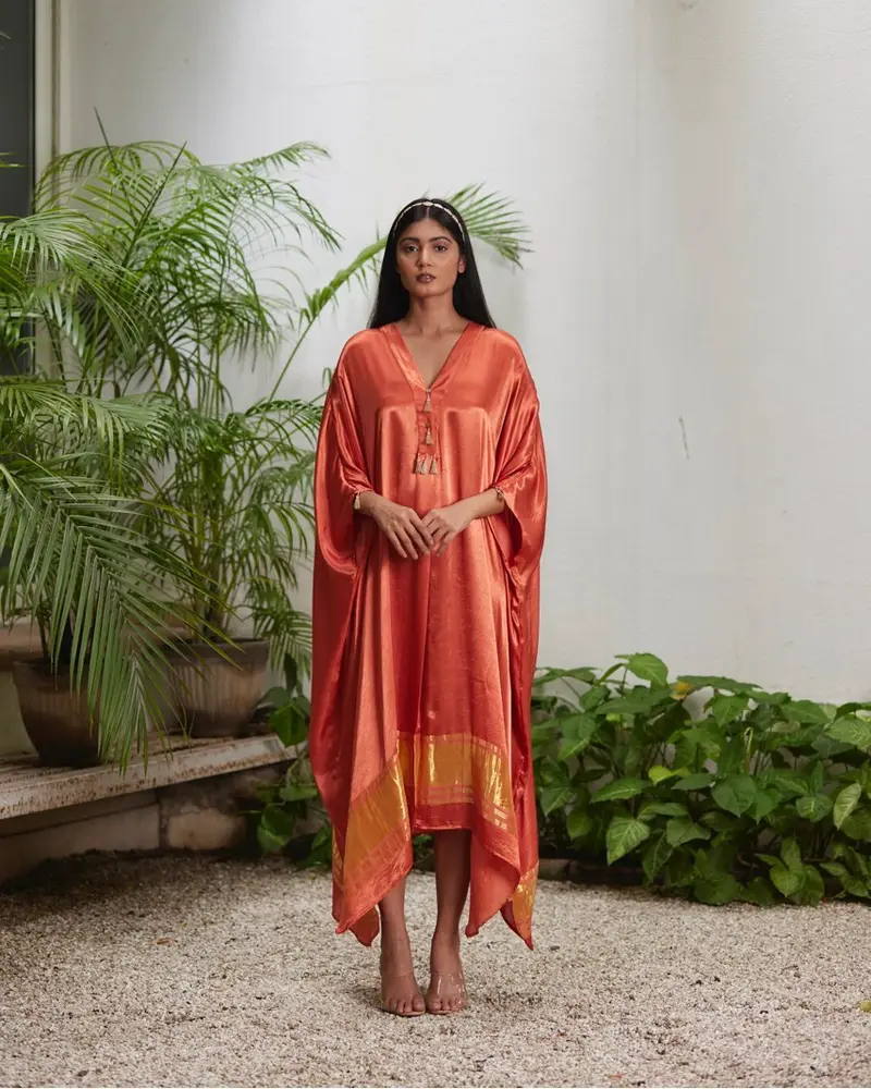 Orange Silk Kaftan With Golden Border