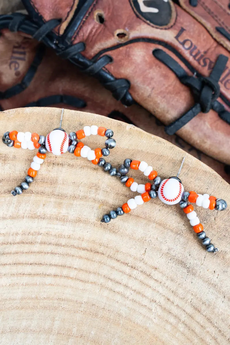 Orange & White Baseball Bow Earrings
