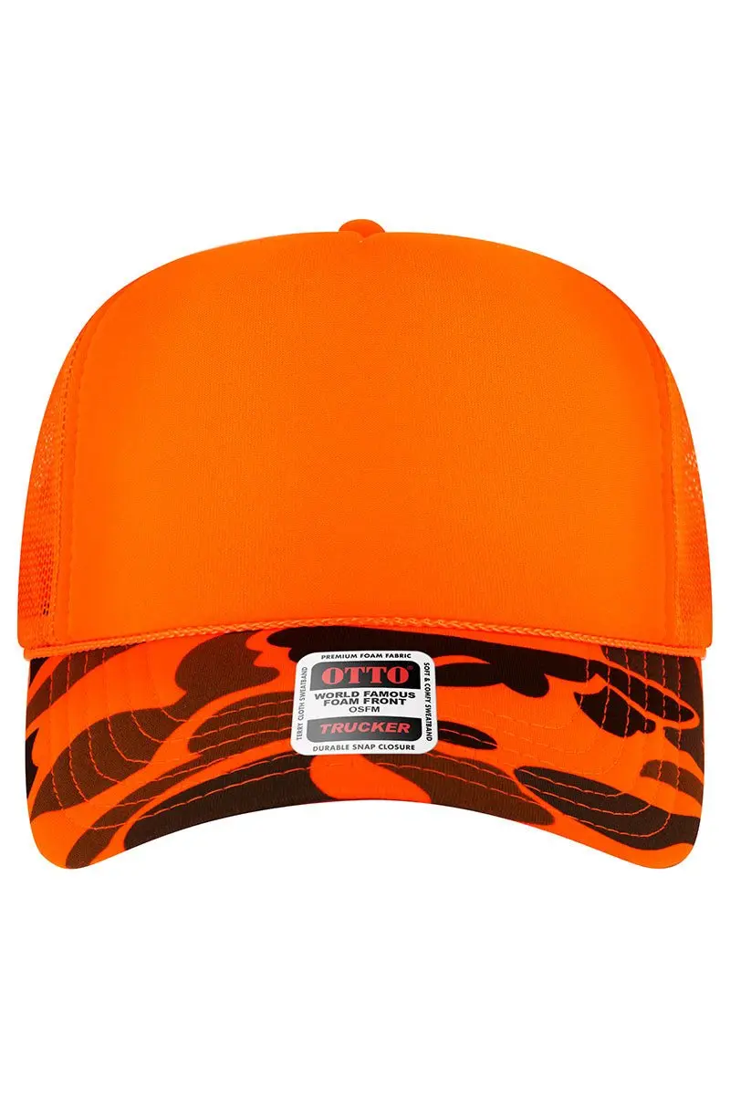 OTTO Neon Orange Camo Foam Front High Split Crown Trucker Hat