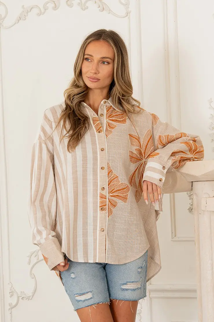 Oversized Mixed Print Button Down Shirt