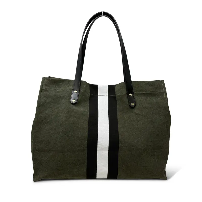 Oversized Tote - Olive Canvas Stripe