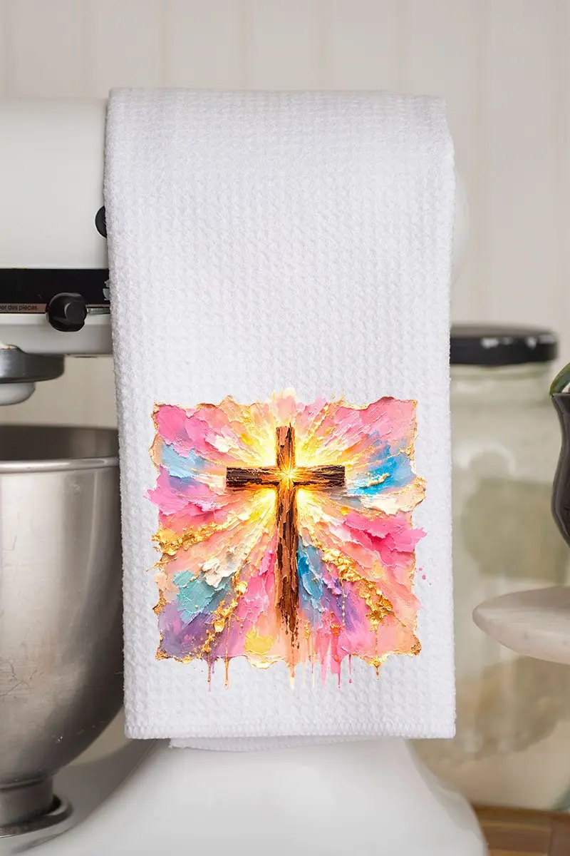 Pastel Brushstroke Cross Waffle Kitchen Towel