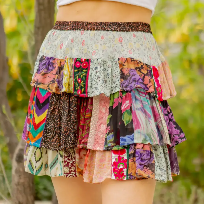 Patchwork Boho Ruffle Mini Skirt