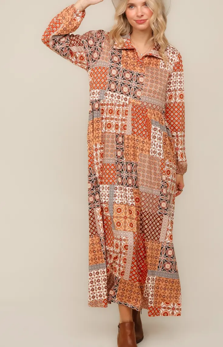 Patchwork Long Sleeve Bubble Maxi Dress