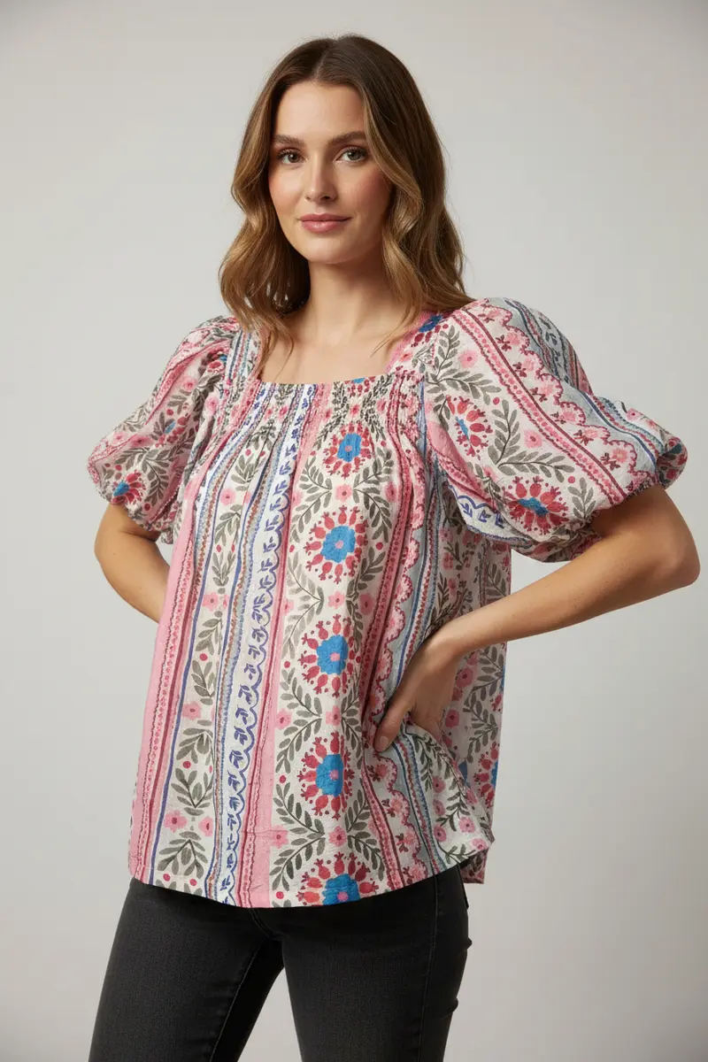 Patchwork Puff Sleeve Smocked Top