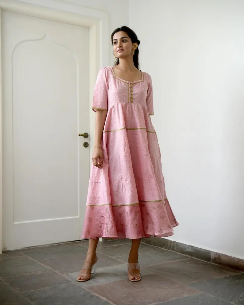 Pink Chanderi Silk Tiered Dress