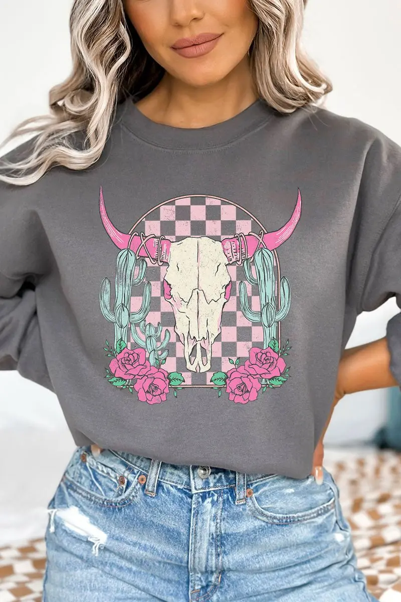 Pink Checkered Steer Heavy-weight Crew Sweatshirt