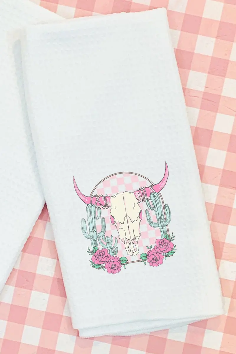 Pink Checkered Steer Waffle Kitchen Towel