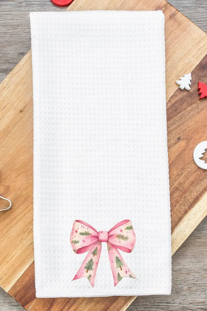 Pink Christmas Tree Bow Waffle Kitchen Towel
