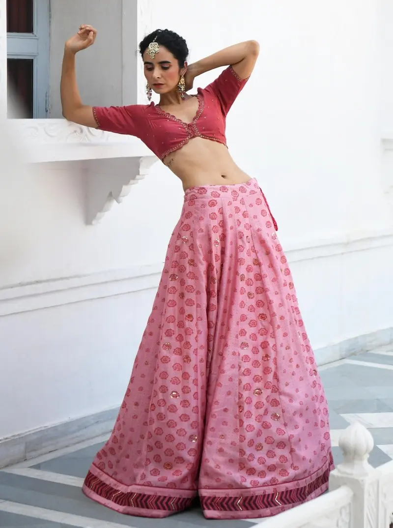 Pink Embroidered Printed Silk Lehenga Set