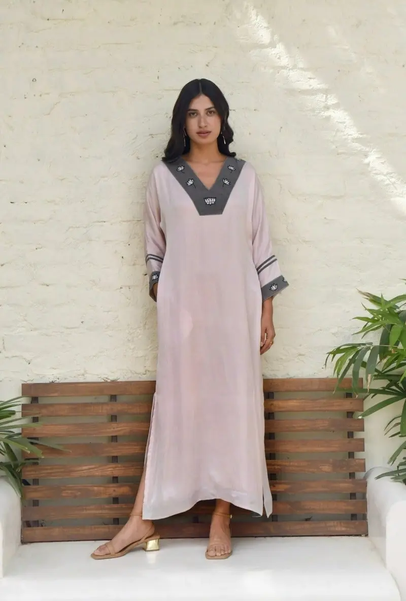 Pink Embroidered Silk Kaftan
