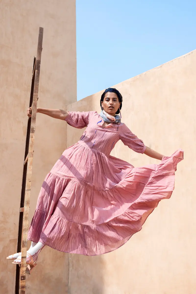 Pink Embroidered Tiered Dress