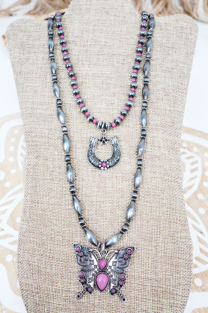 Pink Frontier Flutter Silver Pearl Layered Necklace