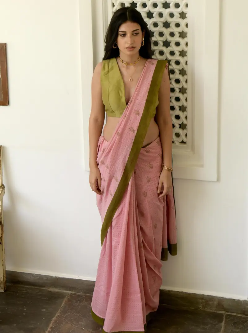 Pink Hand Block Printed Saree Set