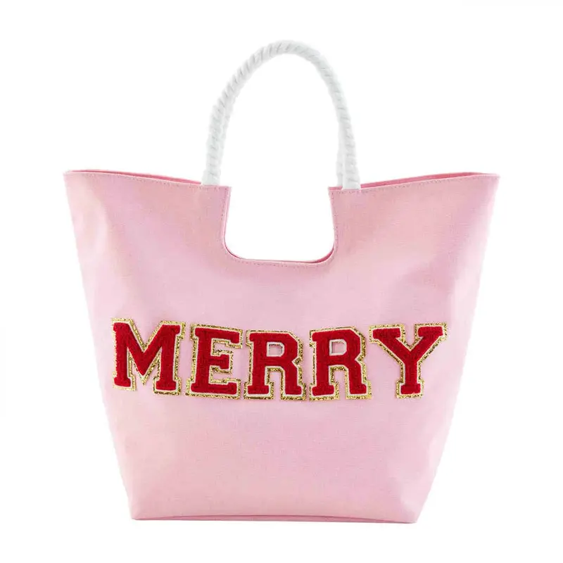 Pink Holiday Patch Tote by Mudpie