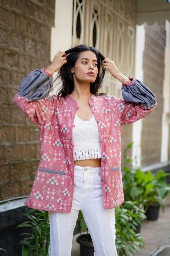 Pink Ikat Print Mandarin Collar Jacket