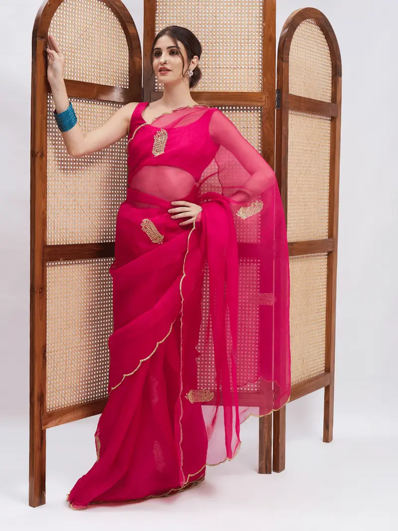 Pink Resham Embroidered Silk Saree Set