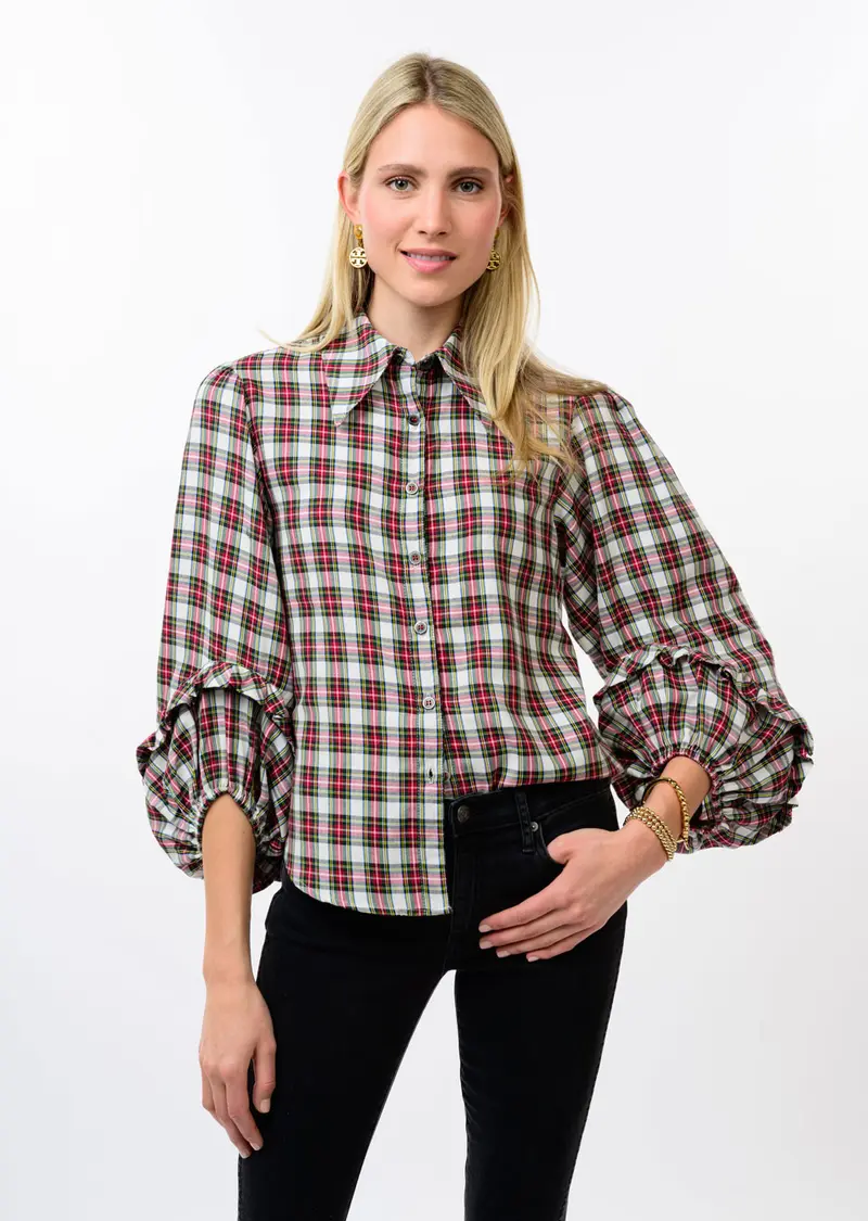 Plaid Balloon Sleeve Top in Ivory