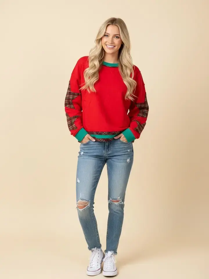 Plaid Patchwork Contrast Trim Sweatshirt