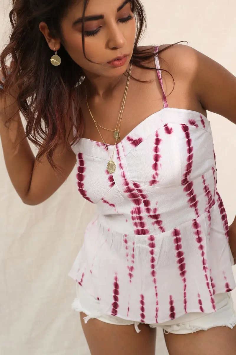 Plum And White Tie And Dye Spaghetti Top
