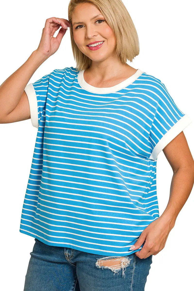Plus Size Summer Path Deep Sky Contrast Trim Striped Top