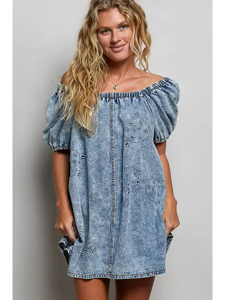 POL Off-Shoulder Laser Cut Mini Dress