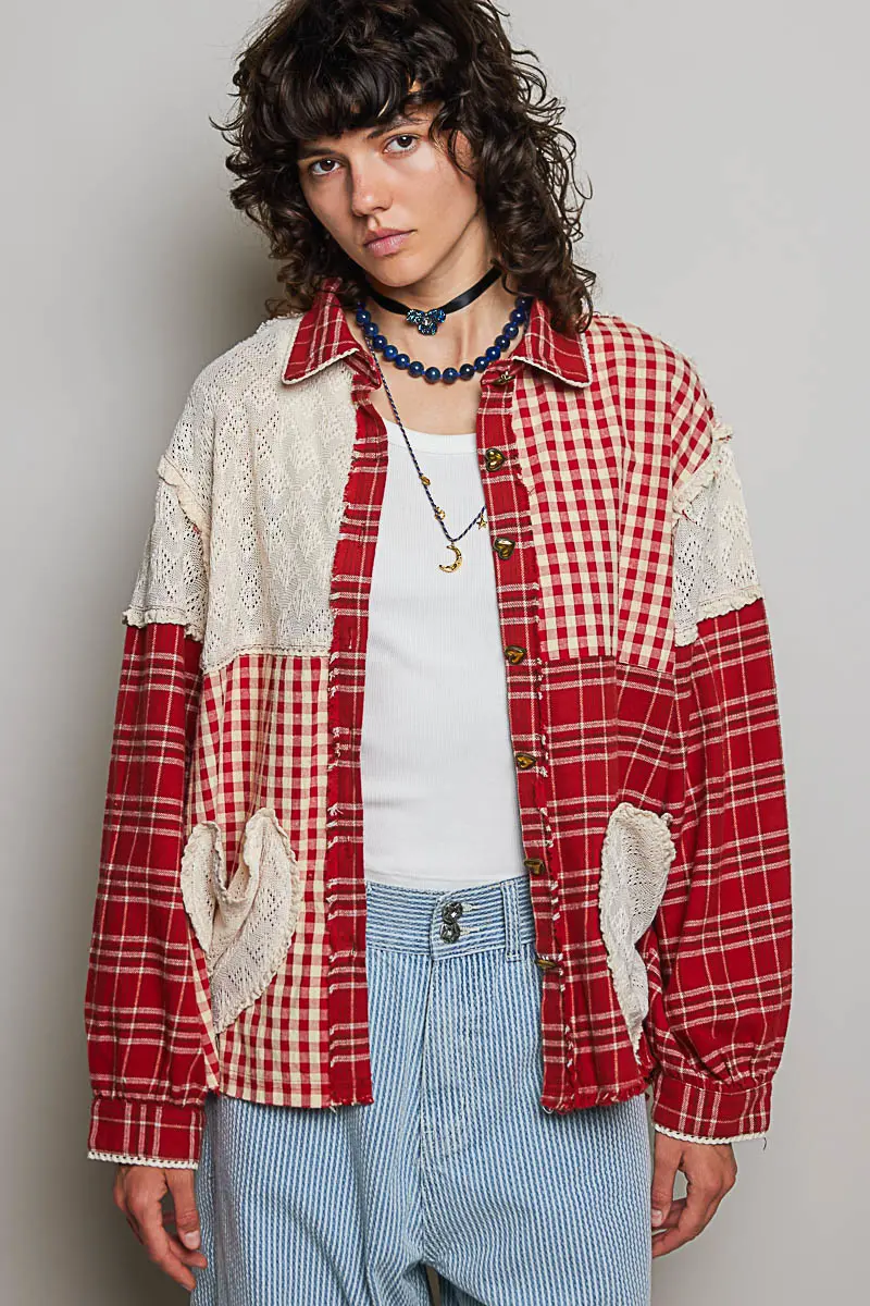 POL Patchwork Heart Pocket Shirt - Red Multi - PREORDER